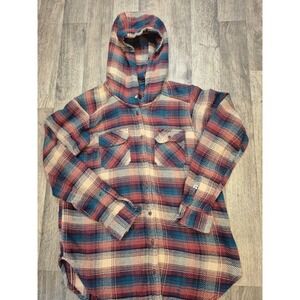 KAVU Womens Plaid Flannel Hooded Shirt Jacket Cozy 100% Cotton Aztec Large 401